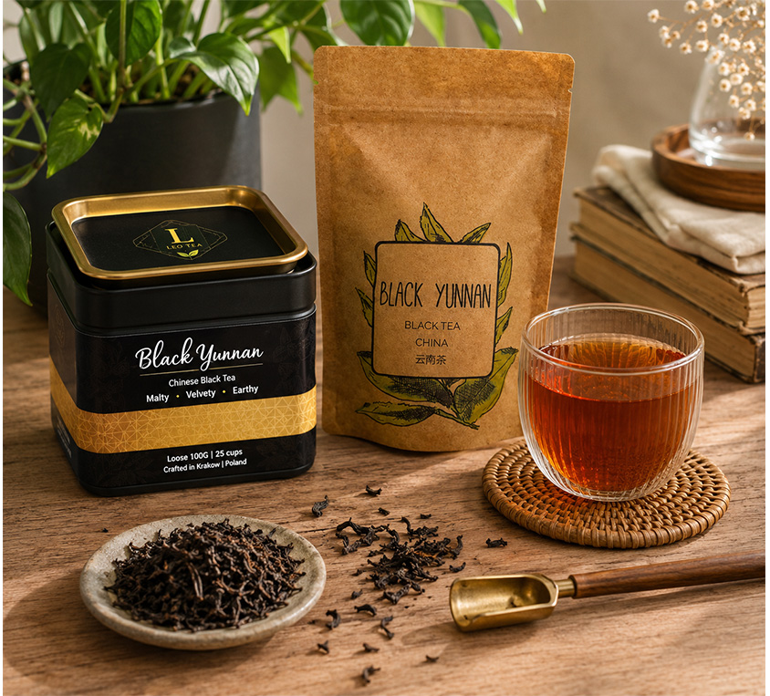 Black Yunnan OP Leo Tea – elegancka puszka, doypack i kubek prezentowy